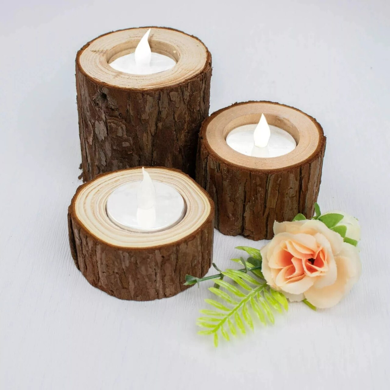 3 Round Assorted Wood Slice Tea Light Candle Holders Party Events Decorations